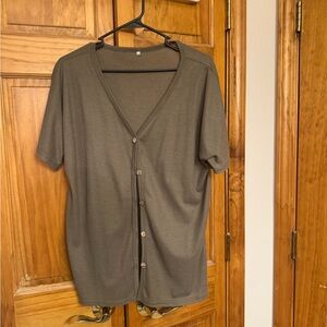 Button-Front Short Sleeve Knit Top - Olive Brown